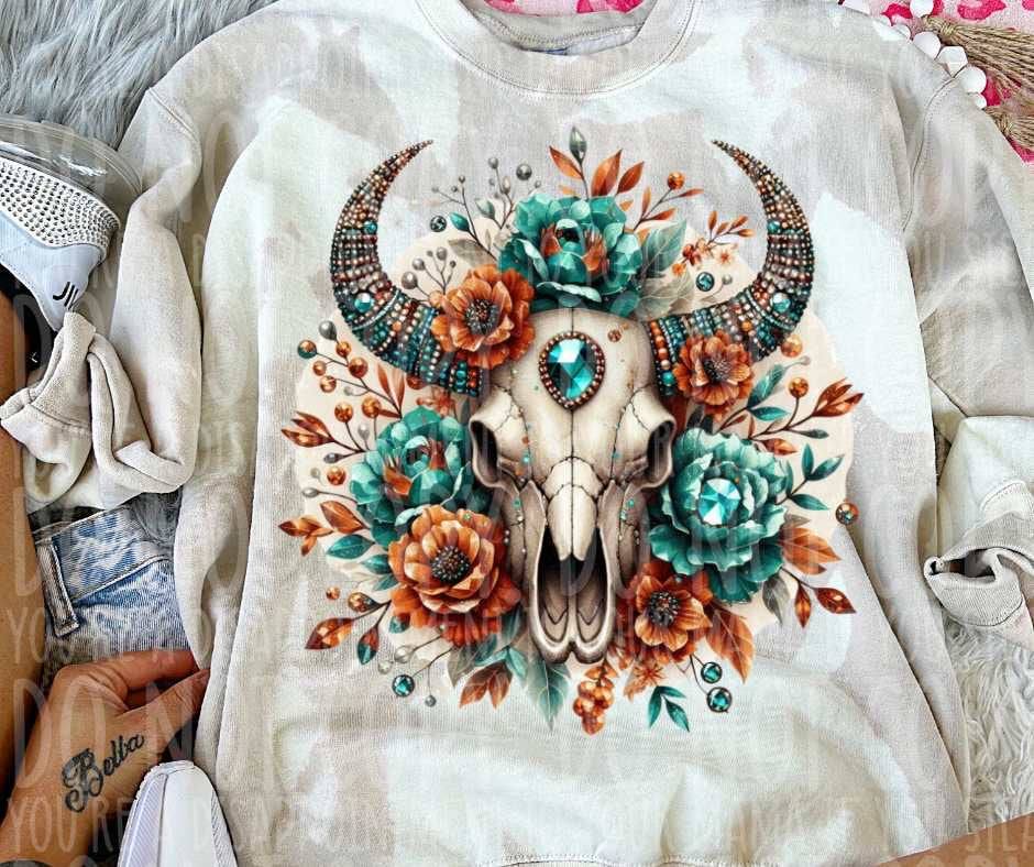 Bull skull teal and orange flowers (vintage) 53759 DTF transfer