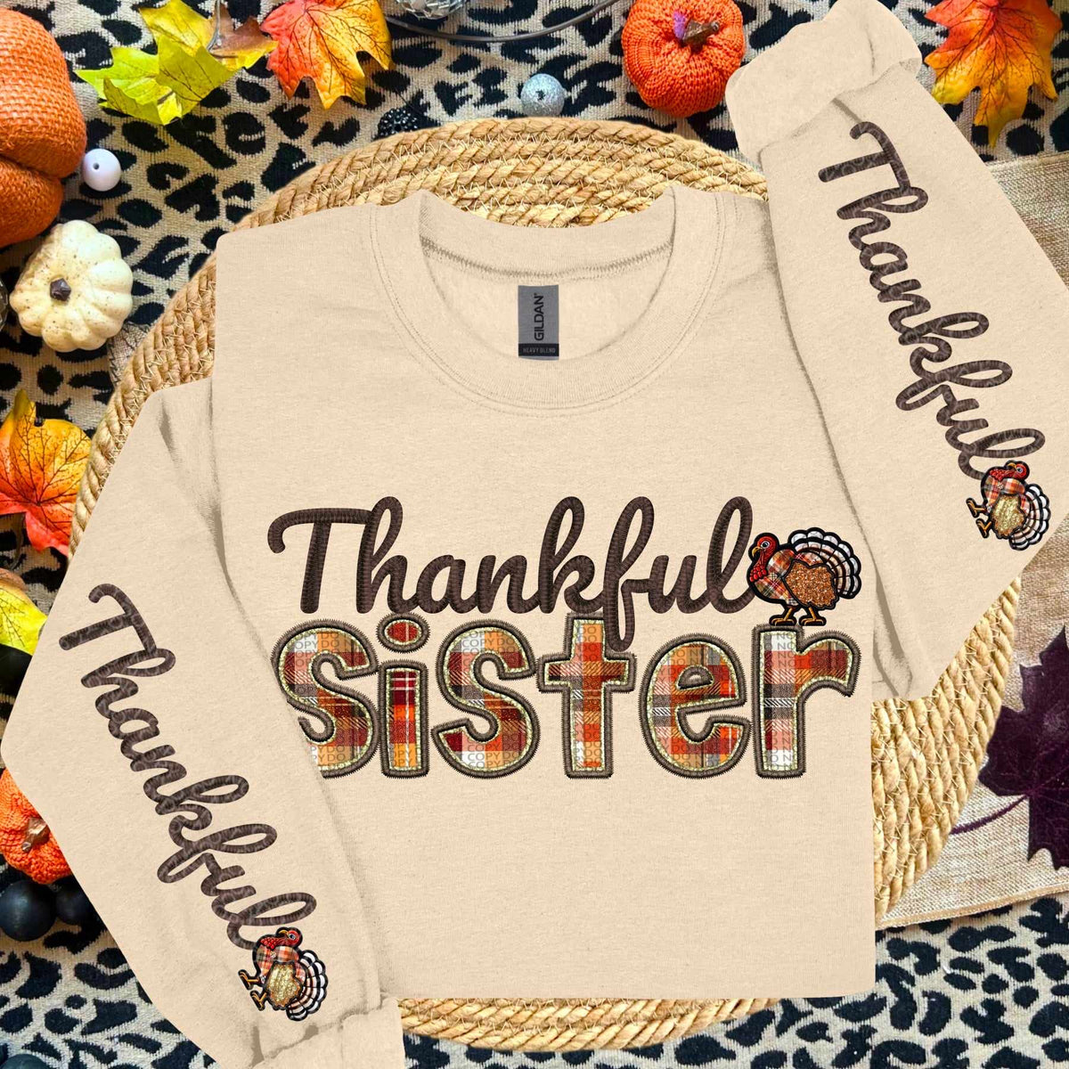 Thankful sister cursive and plaid FRONT (HW) 62503 DTF transfer