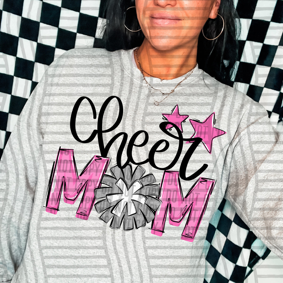 cheer mom pink with silver pompom and stars (Caplinger) DTF transfer