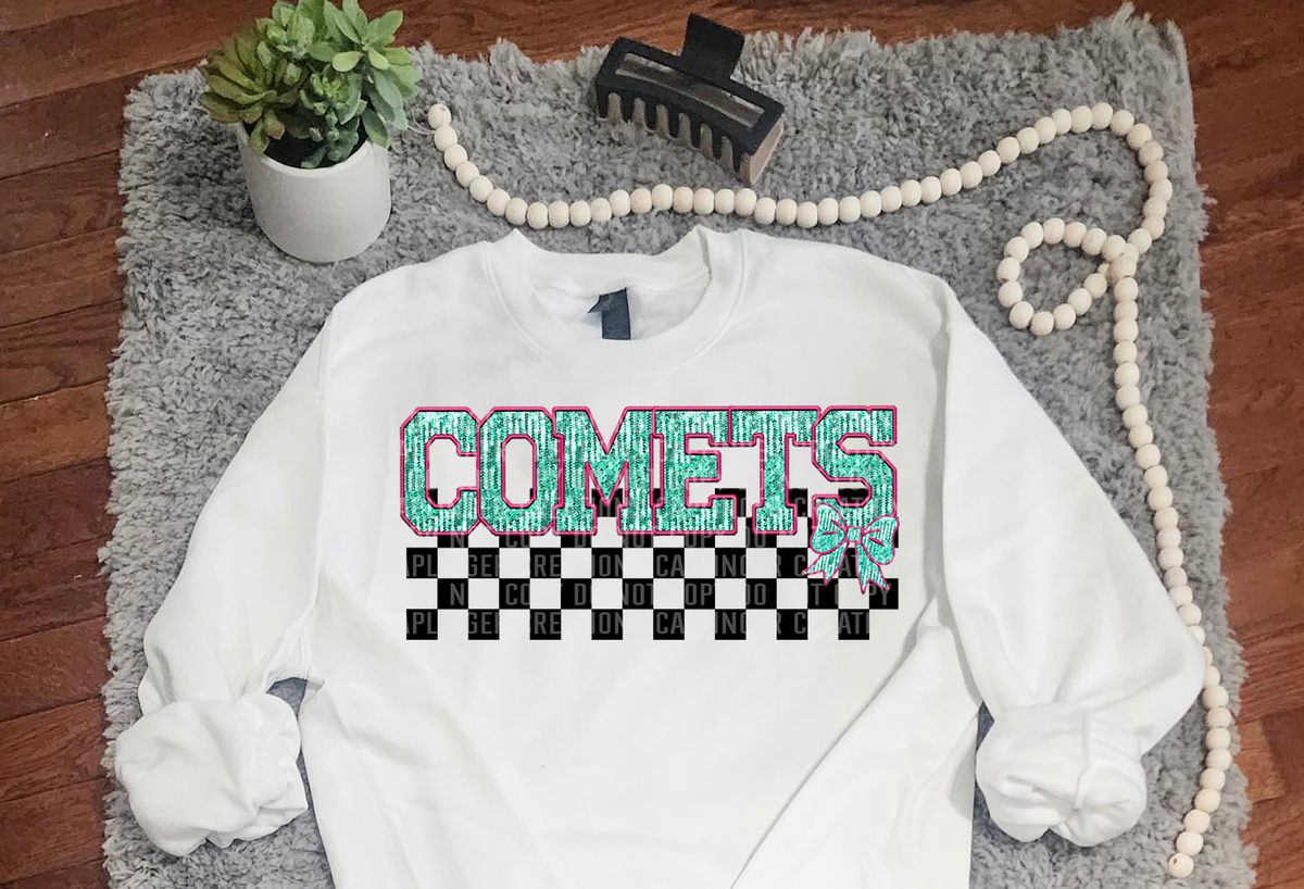 Turquoise And Pink Faux Embroidery Comets 74075 DTF Transfer