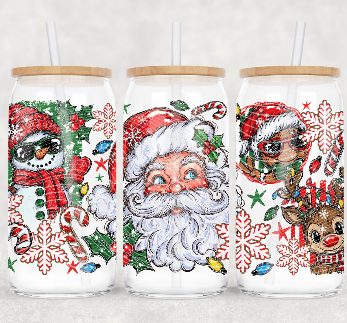 Santa snowman gingerbread and reindeer red hats (AG) UV DTF WRAP