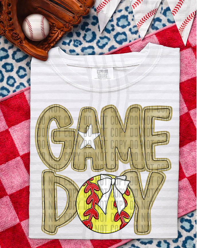 vintage gold game day baseball white bow (Caplinger) DTF Transfer