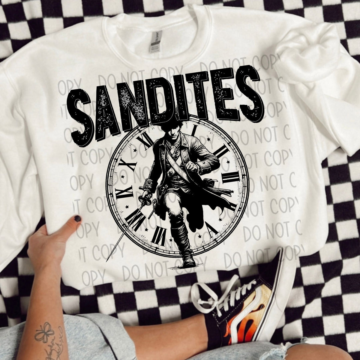 Sandites black/white outline DTF transfer