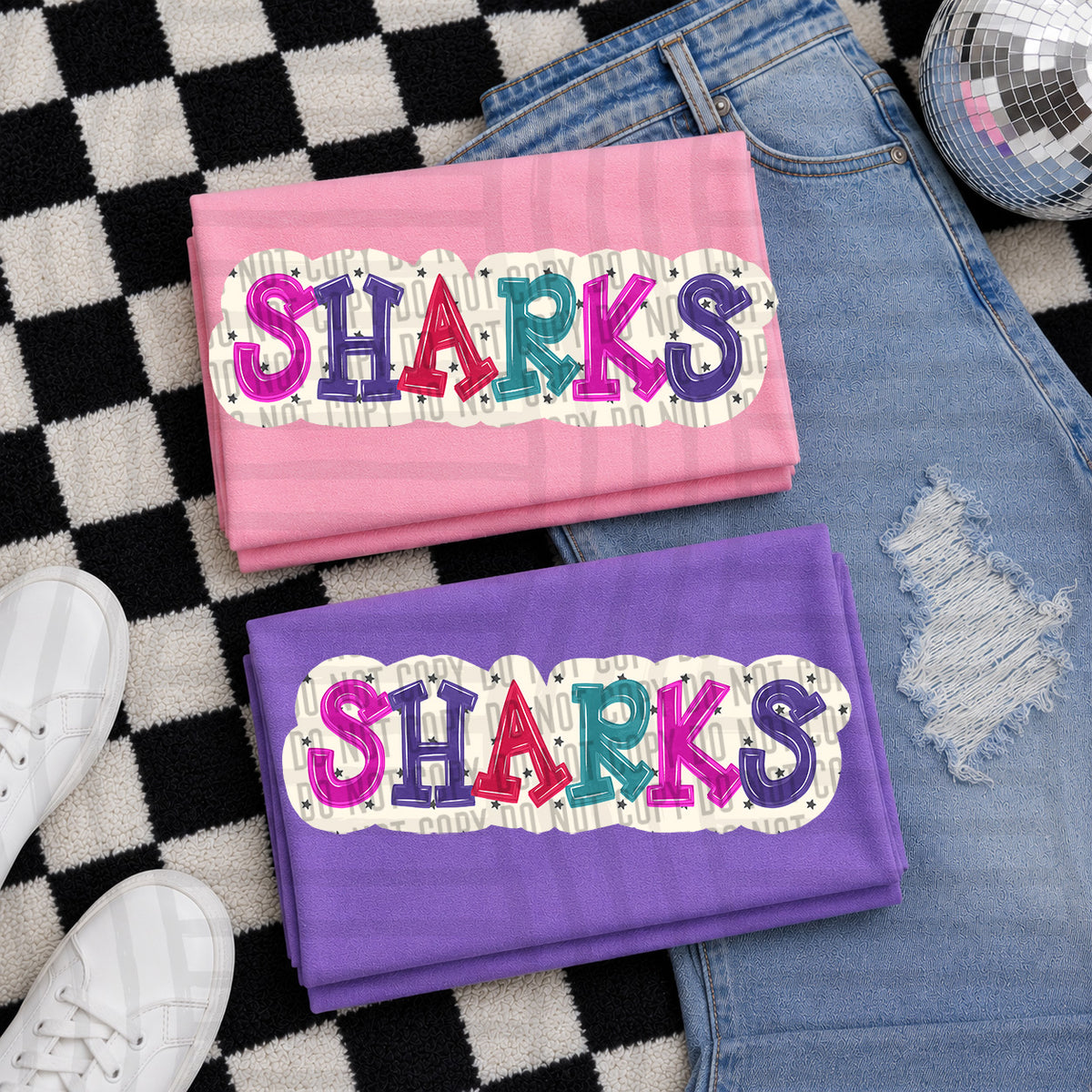 sharks bubble around letters with small stars (Caplinger) DTF Transfer