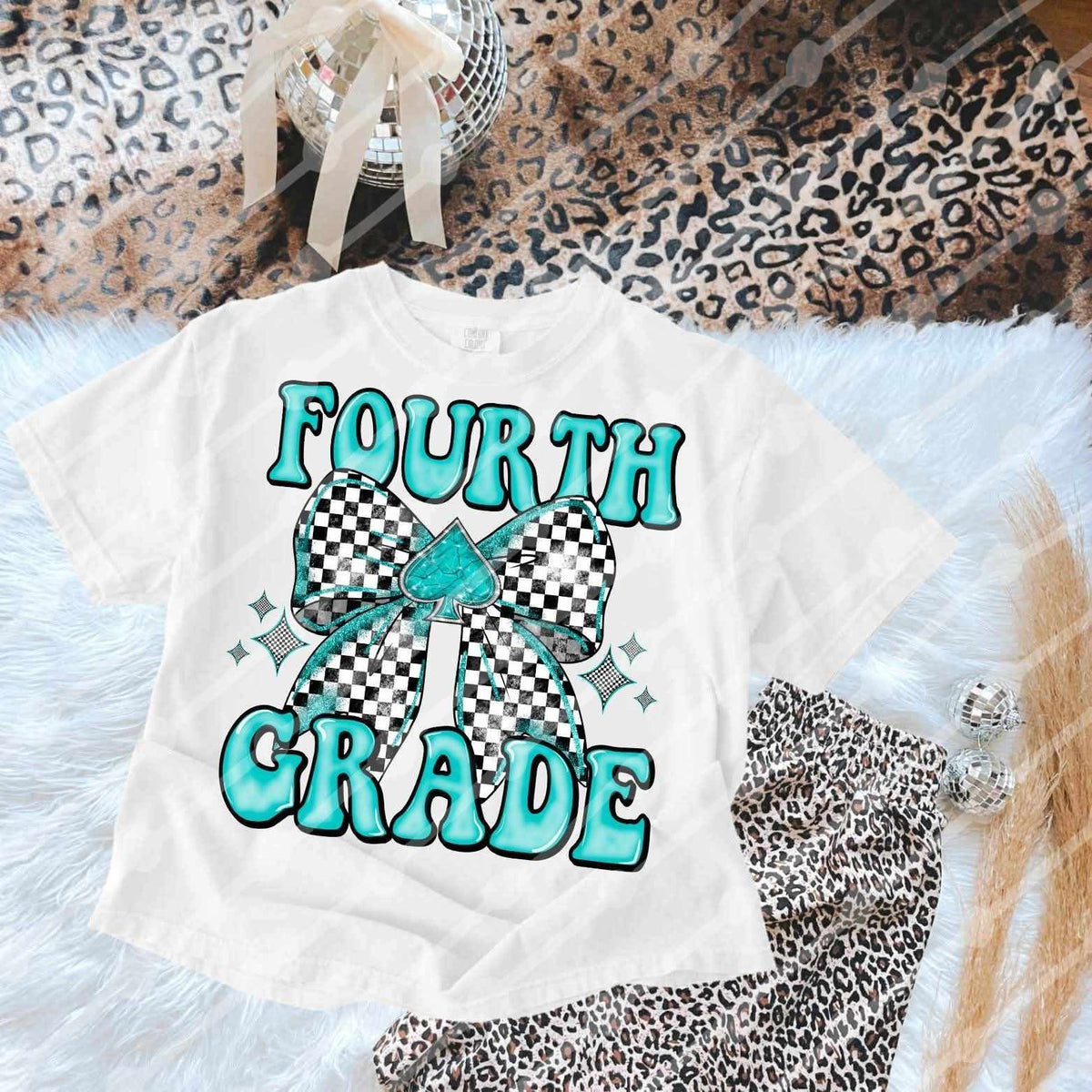 Fourth Grade checkered bow blue (JBD) DTF transfer