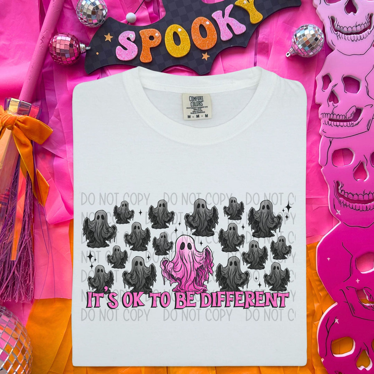 It's okay to be different pink font and a pink ghost SWD DTF transfer