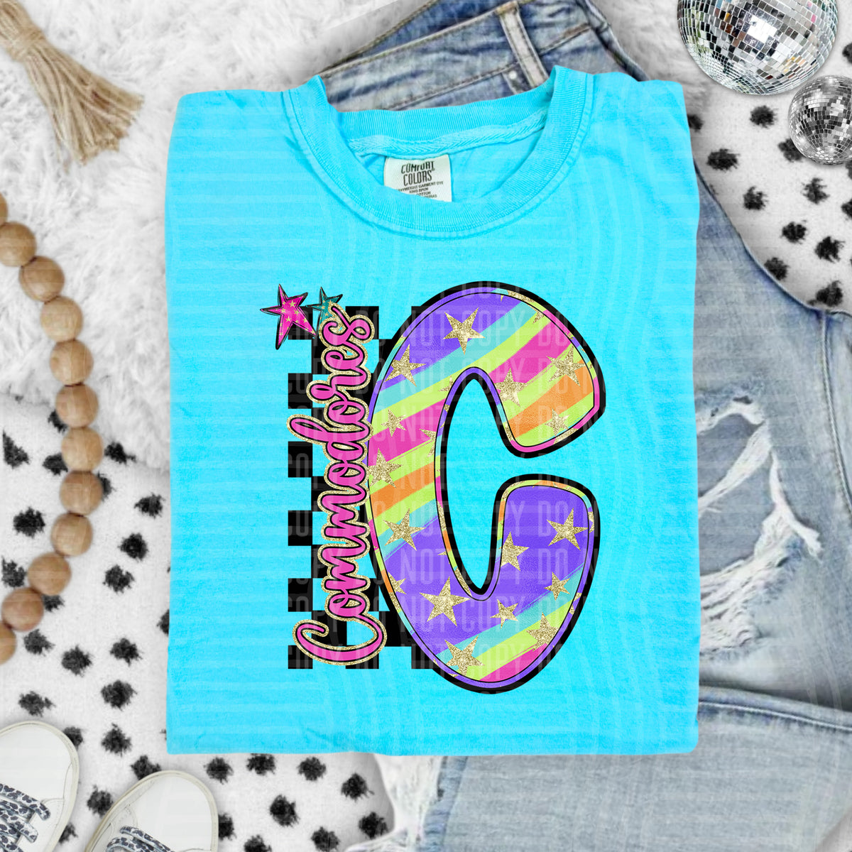 Commodores Colorful Retro Rainbow Letter C With Stars And Checker 108102 DTF transfer