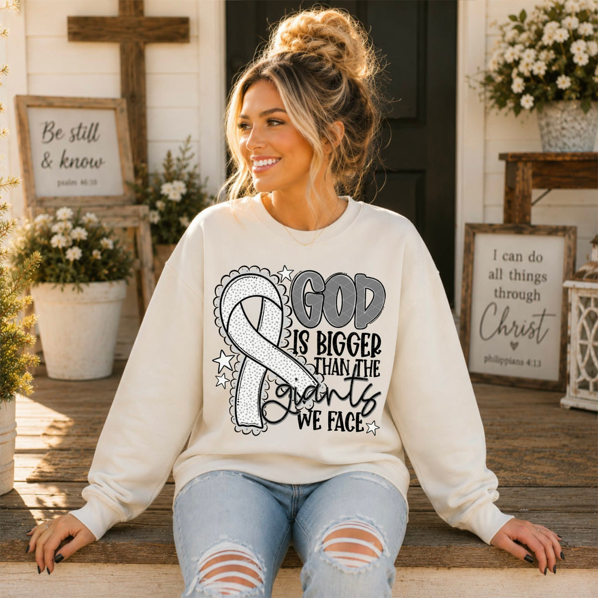 God is bigger than the giants we face WHITE ribbon (SDD) DTF Transfer