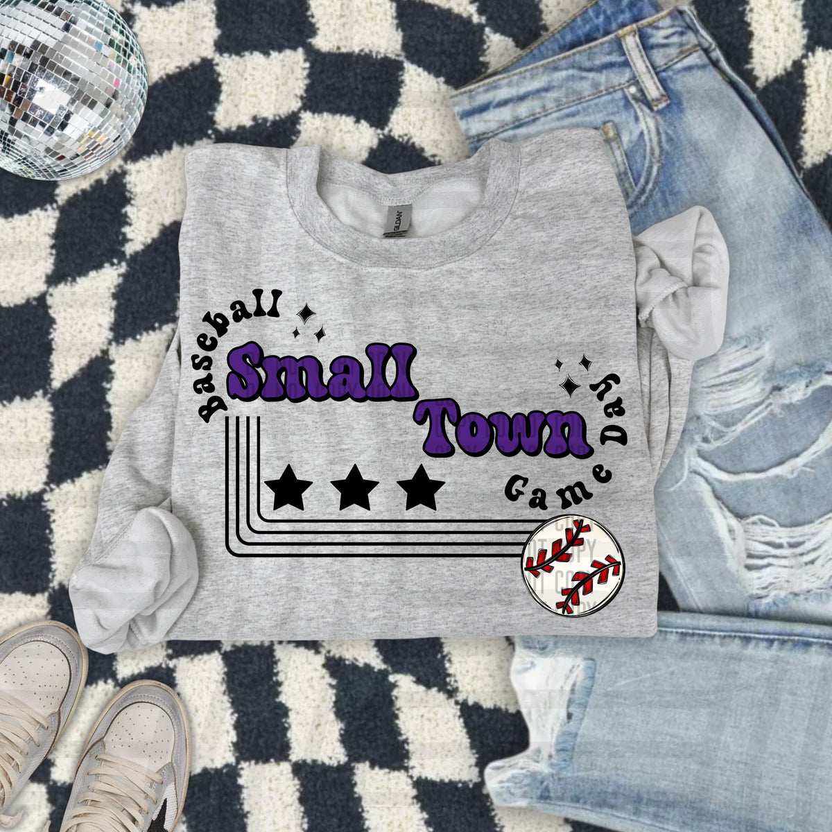 Small town baseball with stars PURPLE (Caplinger) DTF Transfer
