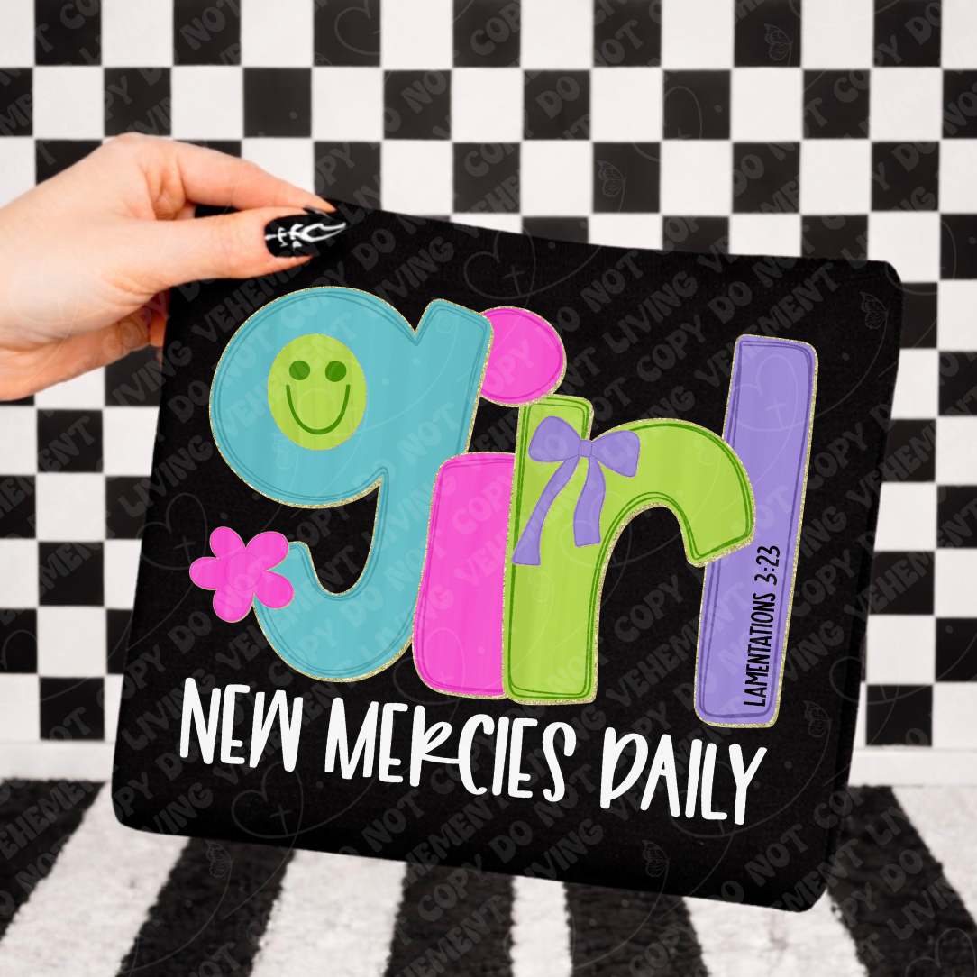 New mercies daily girl happy face WHITE (Vehement) DTF Transfer