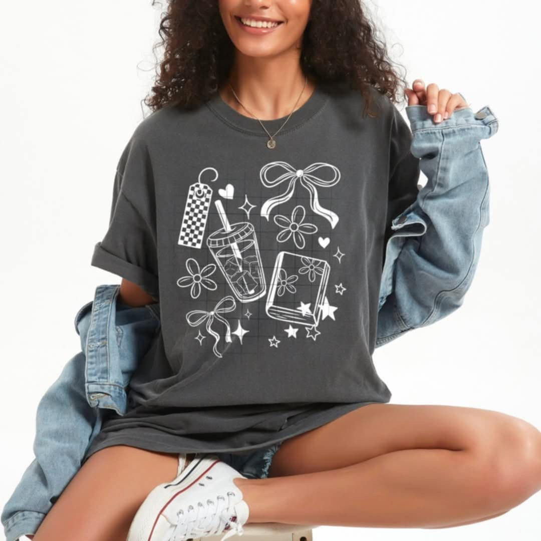 Coffee and book collage WITH BOWS WHITE (CSC) 98315 DTF transfer