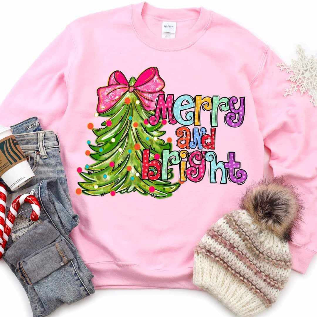 Merry and bright tree with pink bow (ABD) 65764 DTF transfer