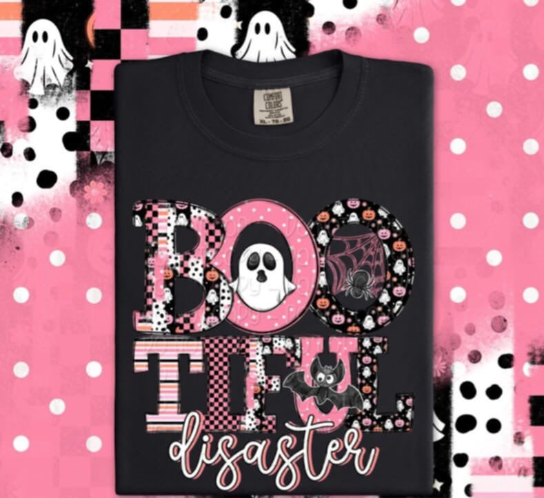 Bootiful Disaster pink letters DTF transfer