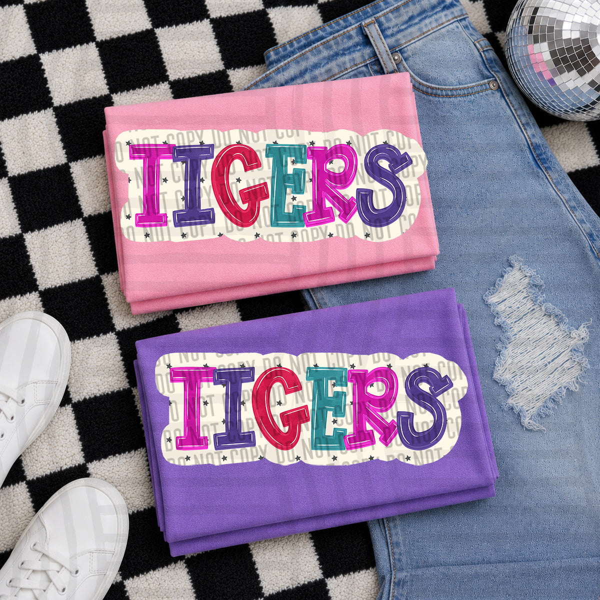 tigers bubble around letters with small stars (Caplinger) DTF Transfer