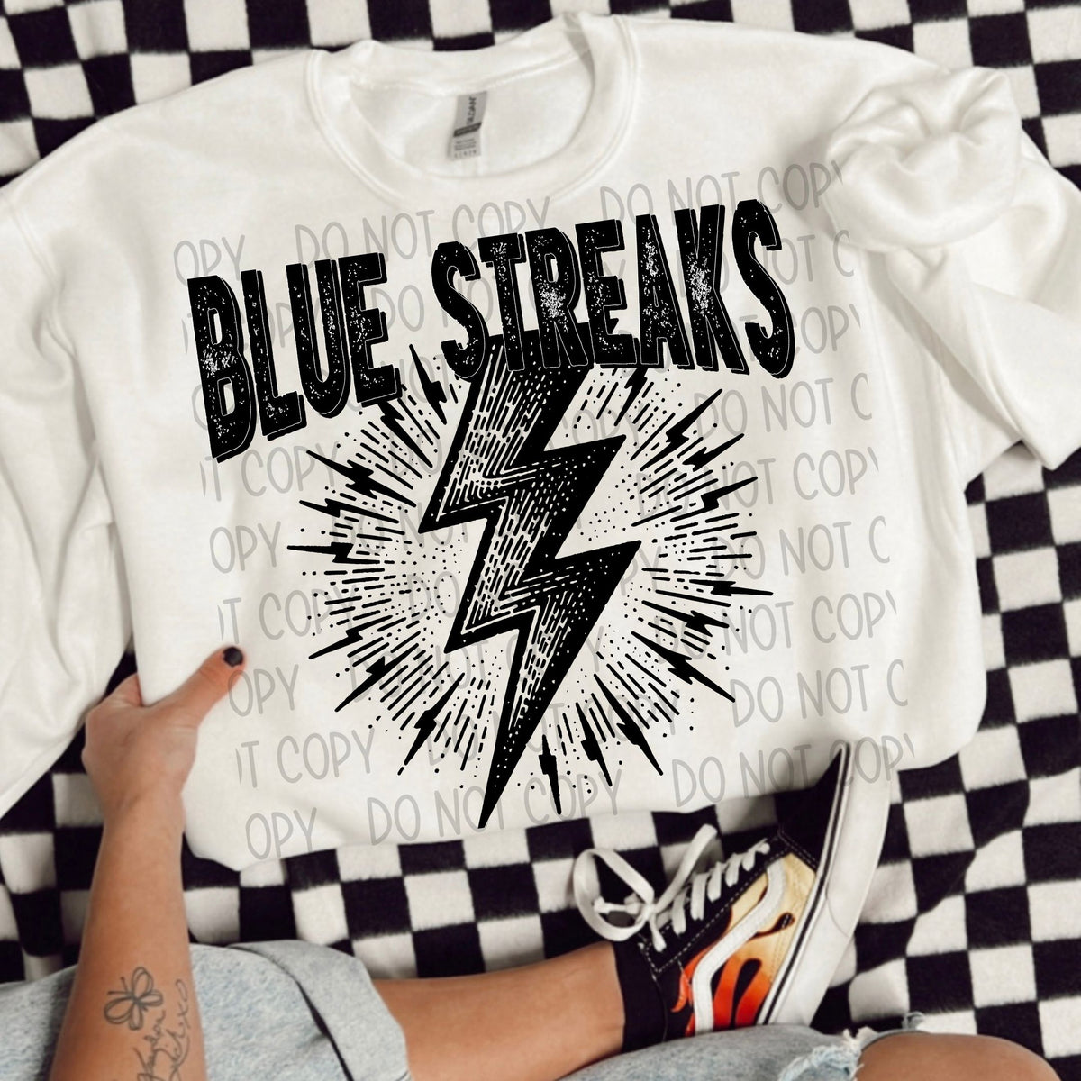 Blue streaks black/white outline DTF transfer