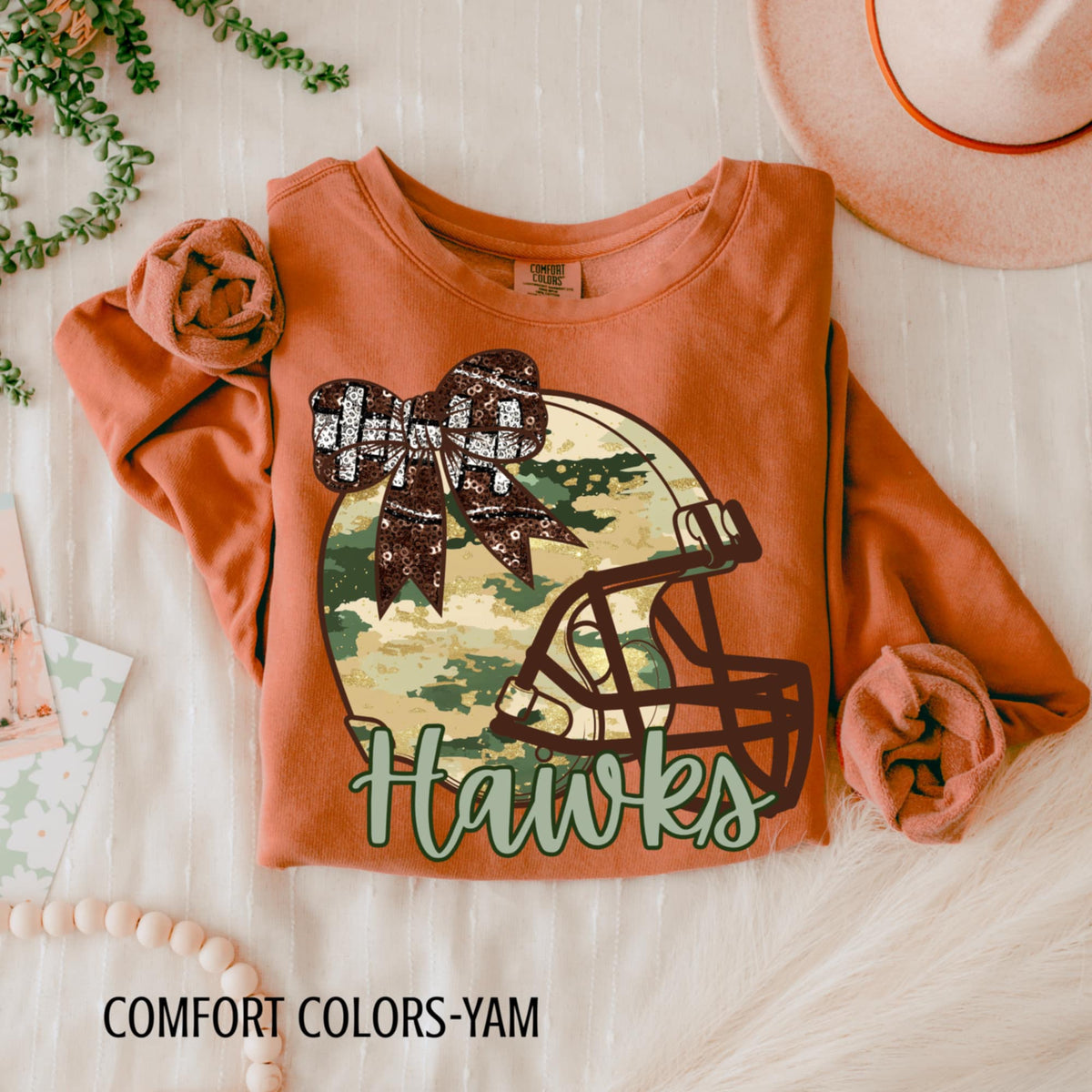 Hawks Camo Football Helmet with Bow (csg) DTF transfer