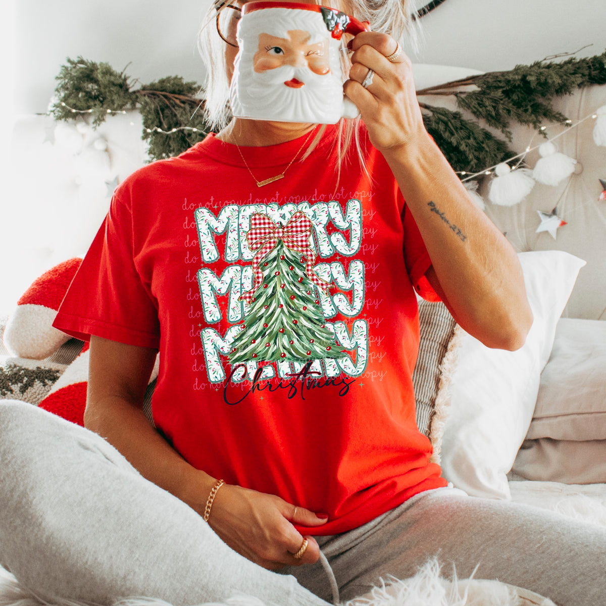 Merry Christmas Stacked with tree and black cursive DTF Transfer