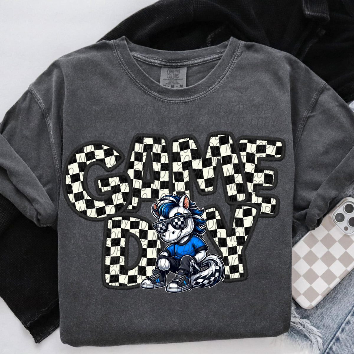 Game day Mustang blue shirt checkered (CITY) 91341 DTF transfer