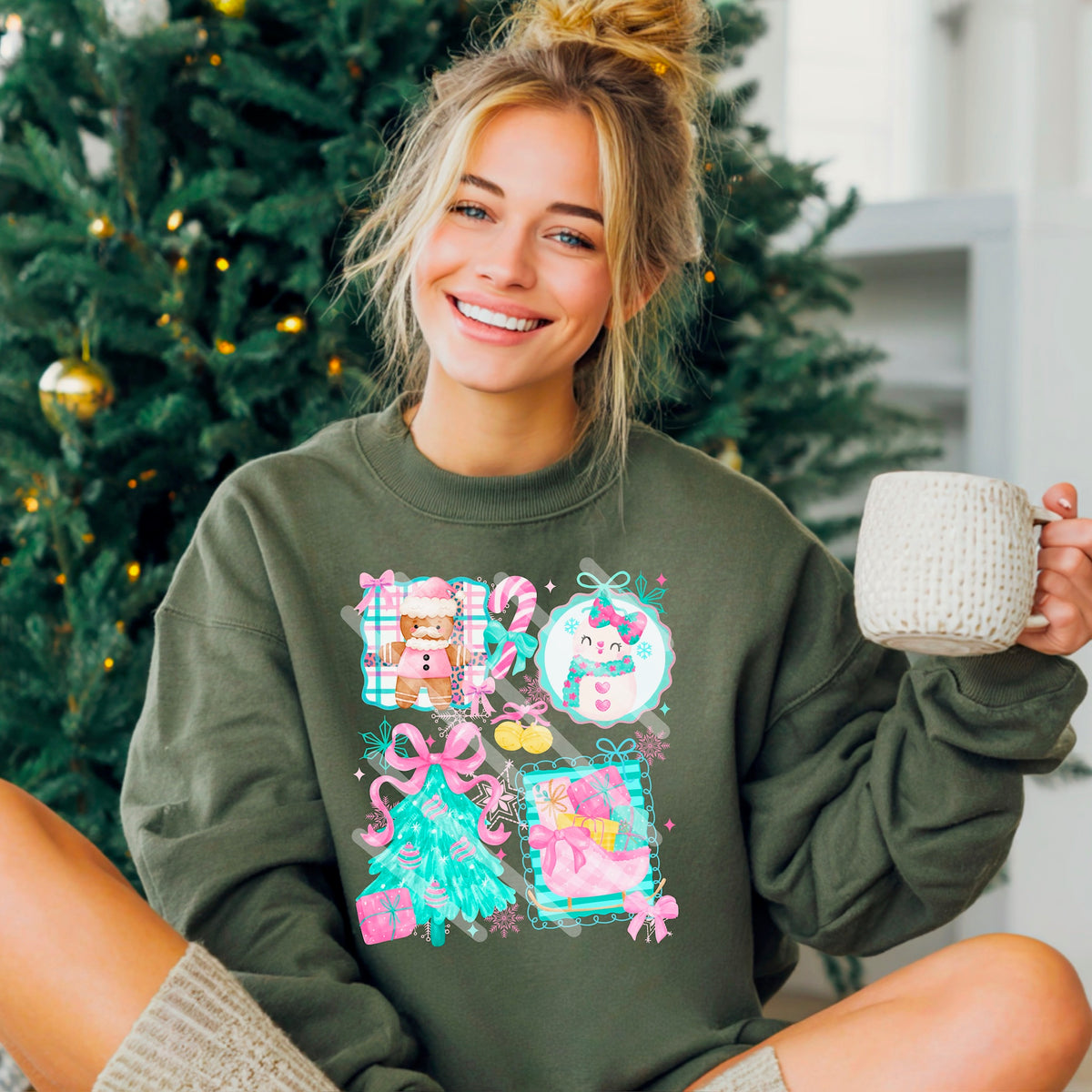 Pink and blue Christmas collage (snowman, tree and gingerbread) 113843 DTF Transfer