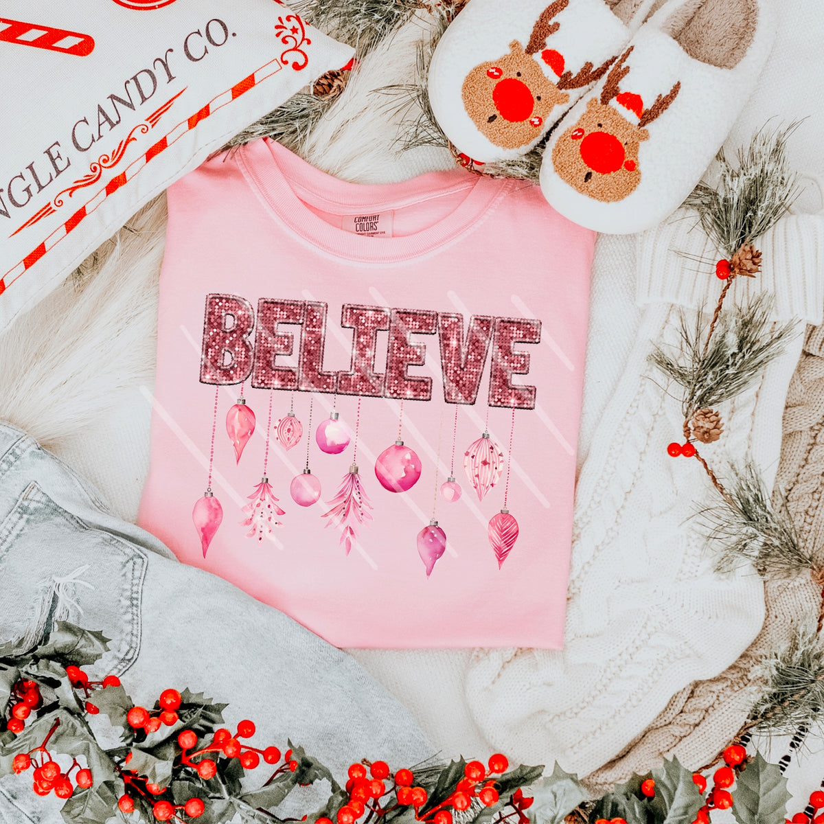 Believe PINK faux sequin letters and ornaments 111619 DTF transfer