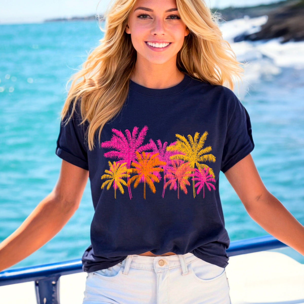 Pink and yellow palm trees 95569 DTF transfer