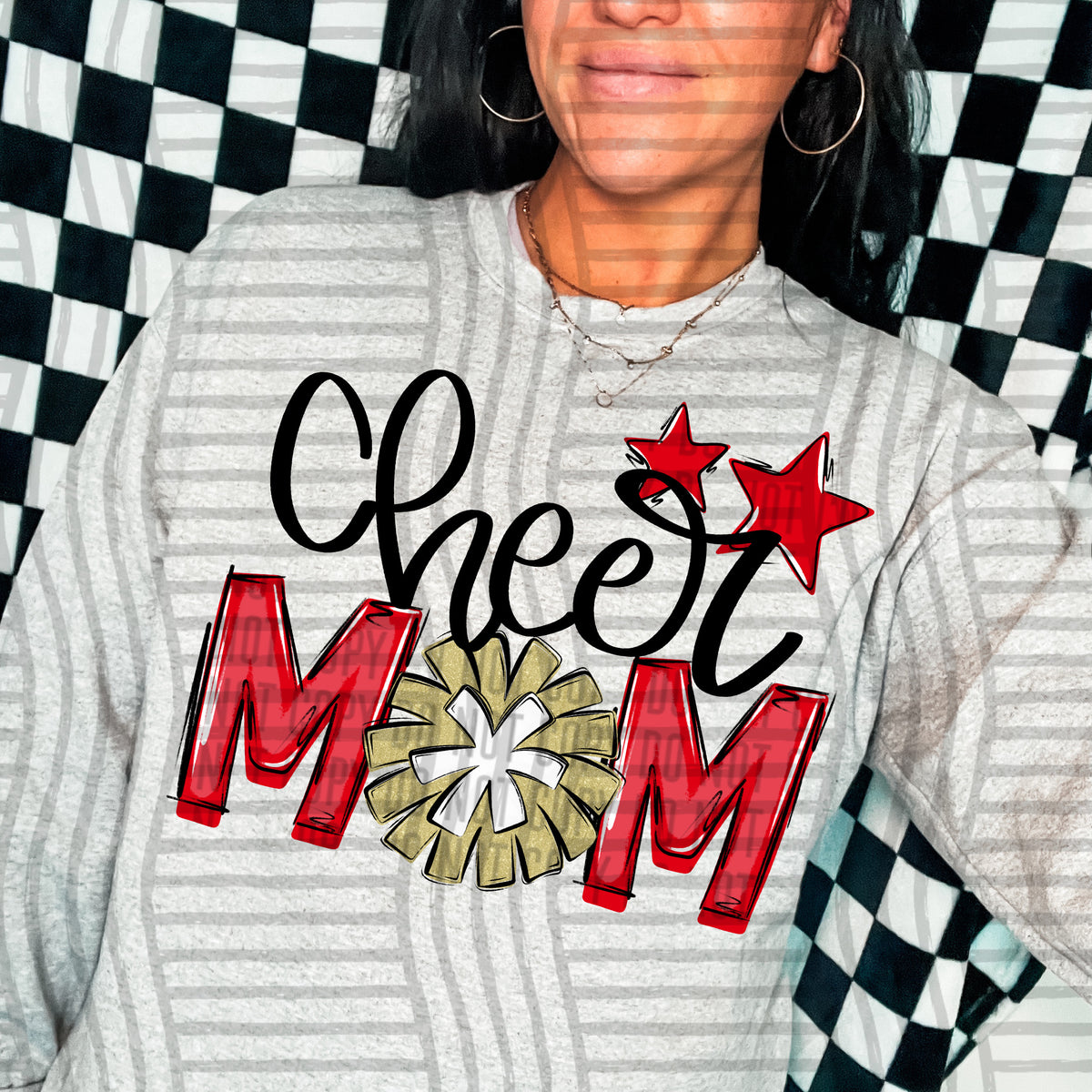 cheer mom red with gold pompom and stars (Caplinger) DTF transfer