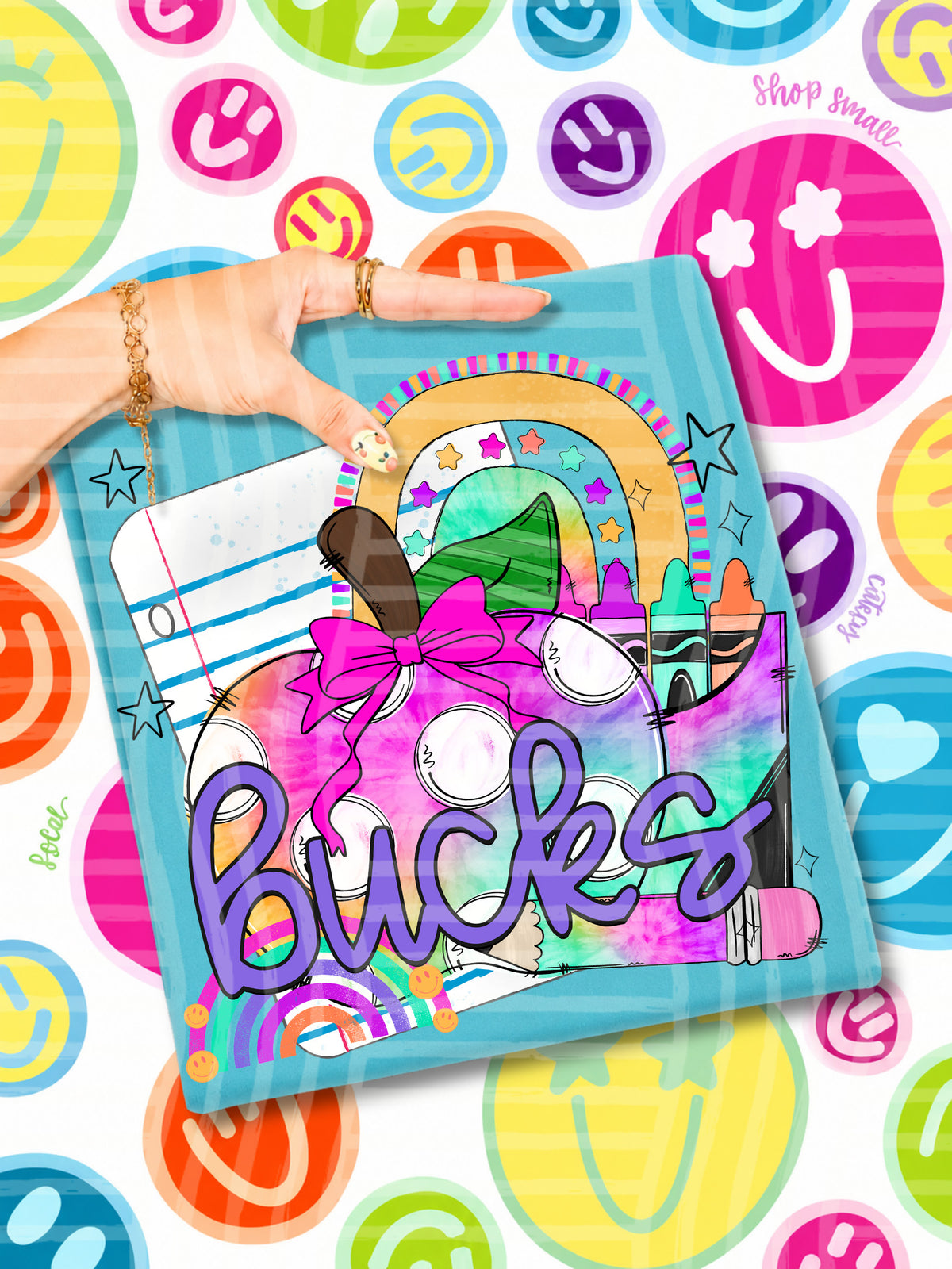 bucks tie dye apple with white dots and school stuff (CAPLINGER) DTF Transfer