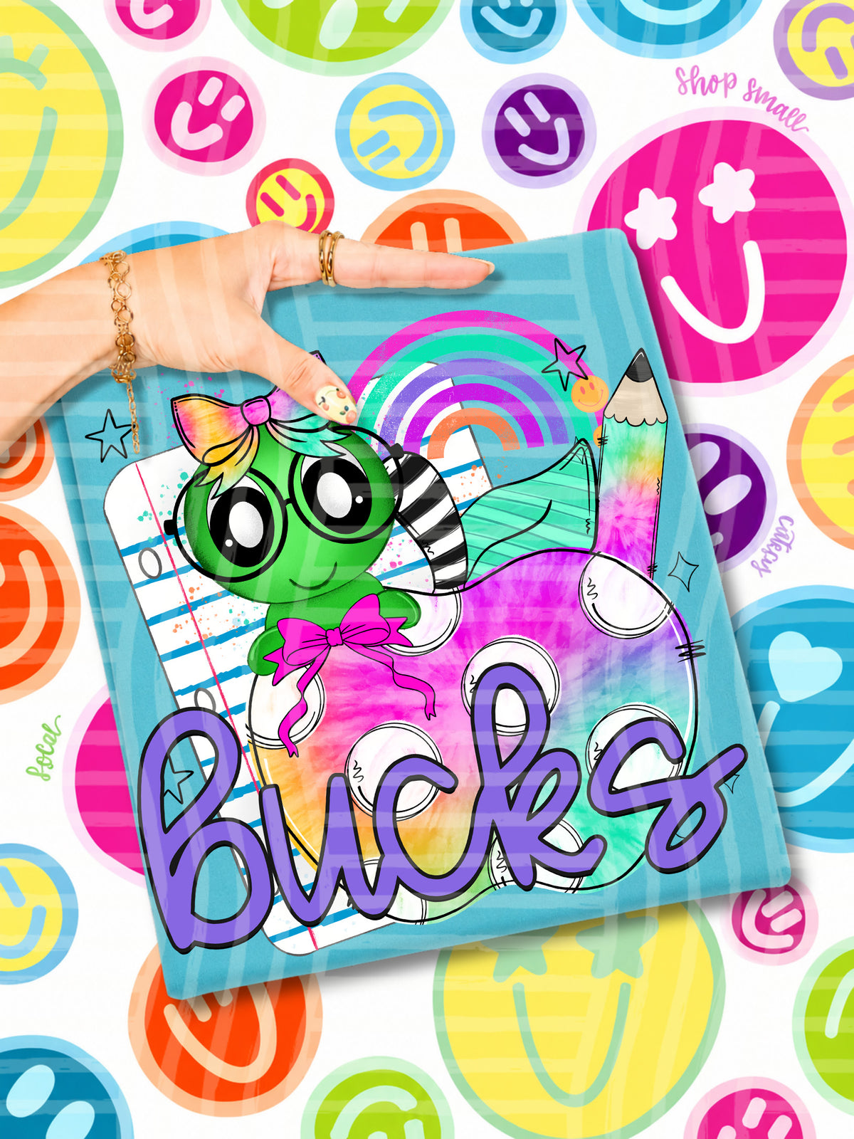 bucks tie dye apple with white dots & green bug (CAPLINGER) DTF Transfer