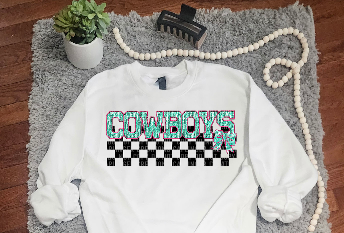 Turquoise And Pink Faux Embroidery Cowboys 74077 DTF Transfer