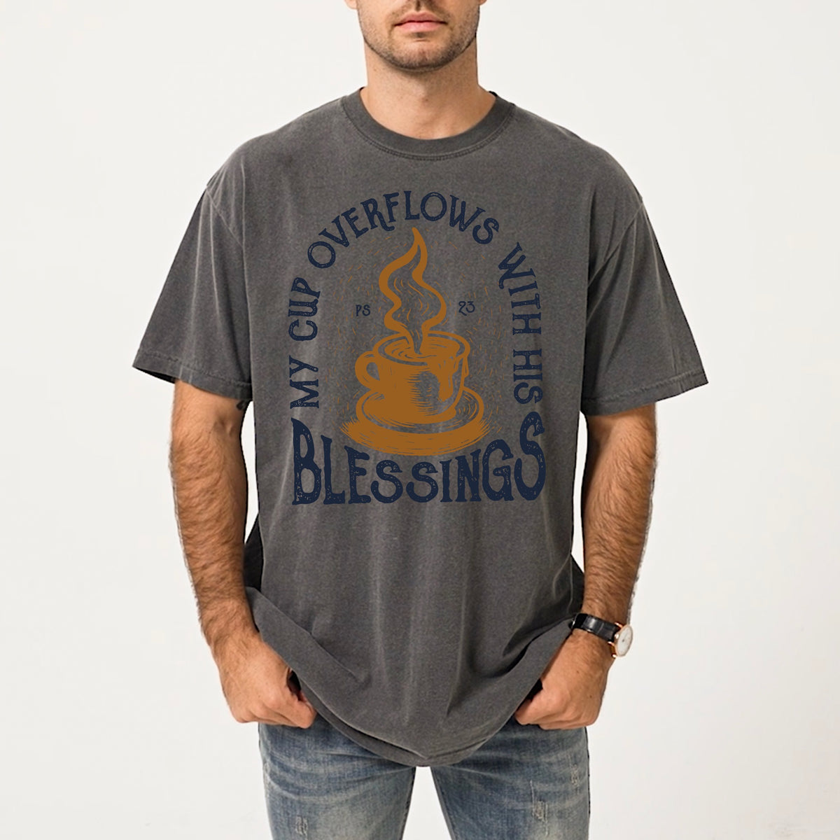 My cup overflows with his blessings (navy and orange) DTF Transfer