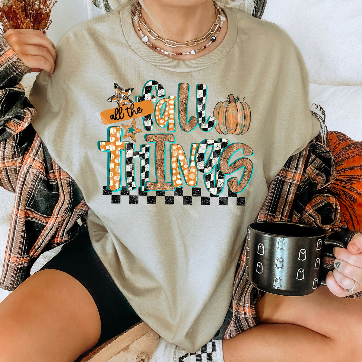 All The Fall Things teal and orange checker DTF transfer