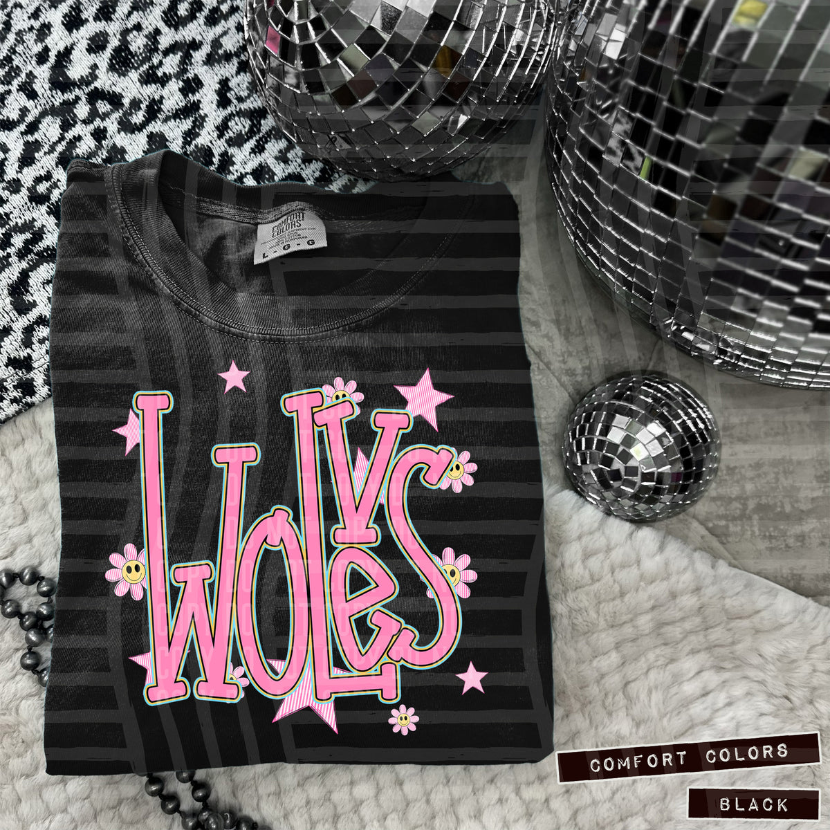 Wolves Pink Flowers And Stars 108067 DTF transfer