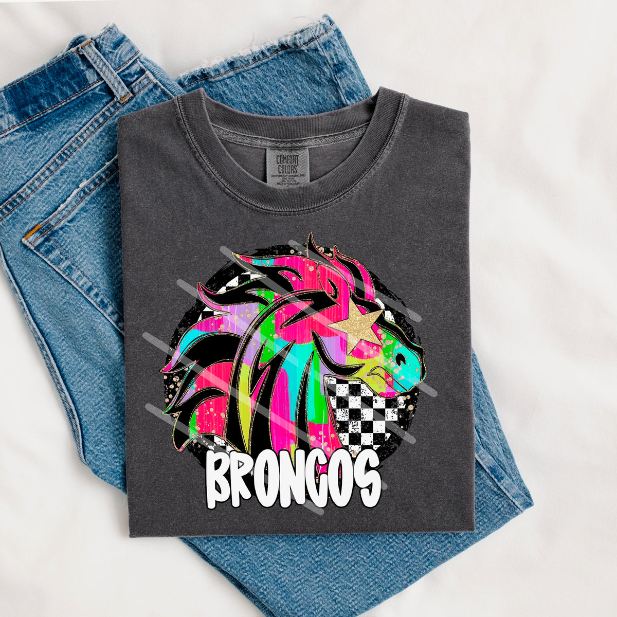 Broncos Mascot rainbow checker circle (county line) 111045 DTF transfer