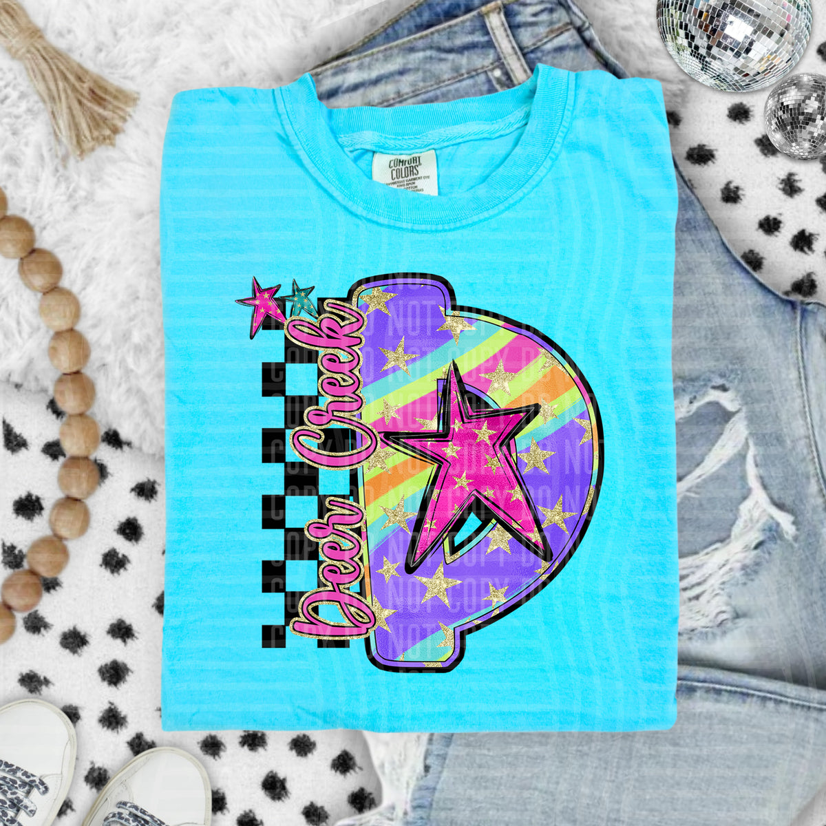 Deer Creek Colorful Retro Rainbow Letter D With Stars And Checker 108104 DTF transfer