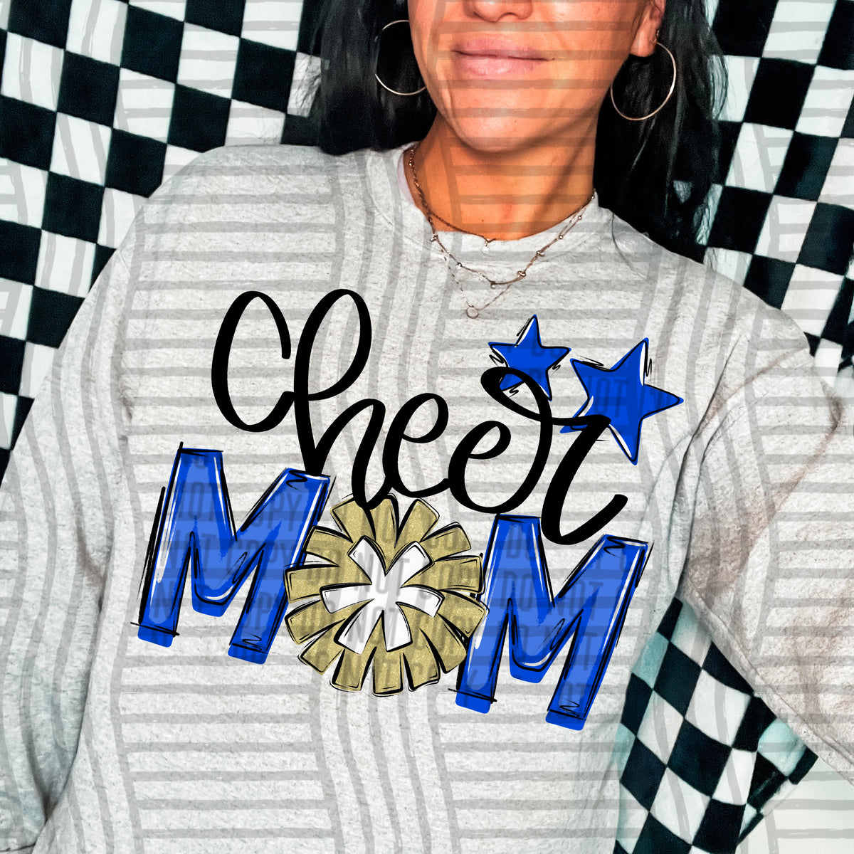 cheer mom royal blue with gold pompom and stars (Caplinger) DTF transfer