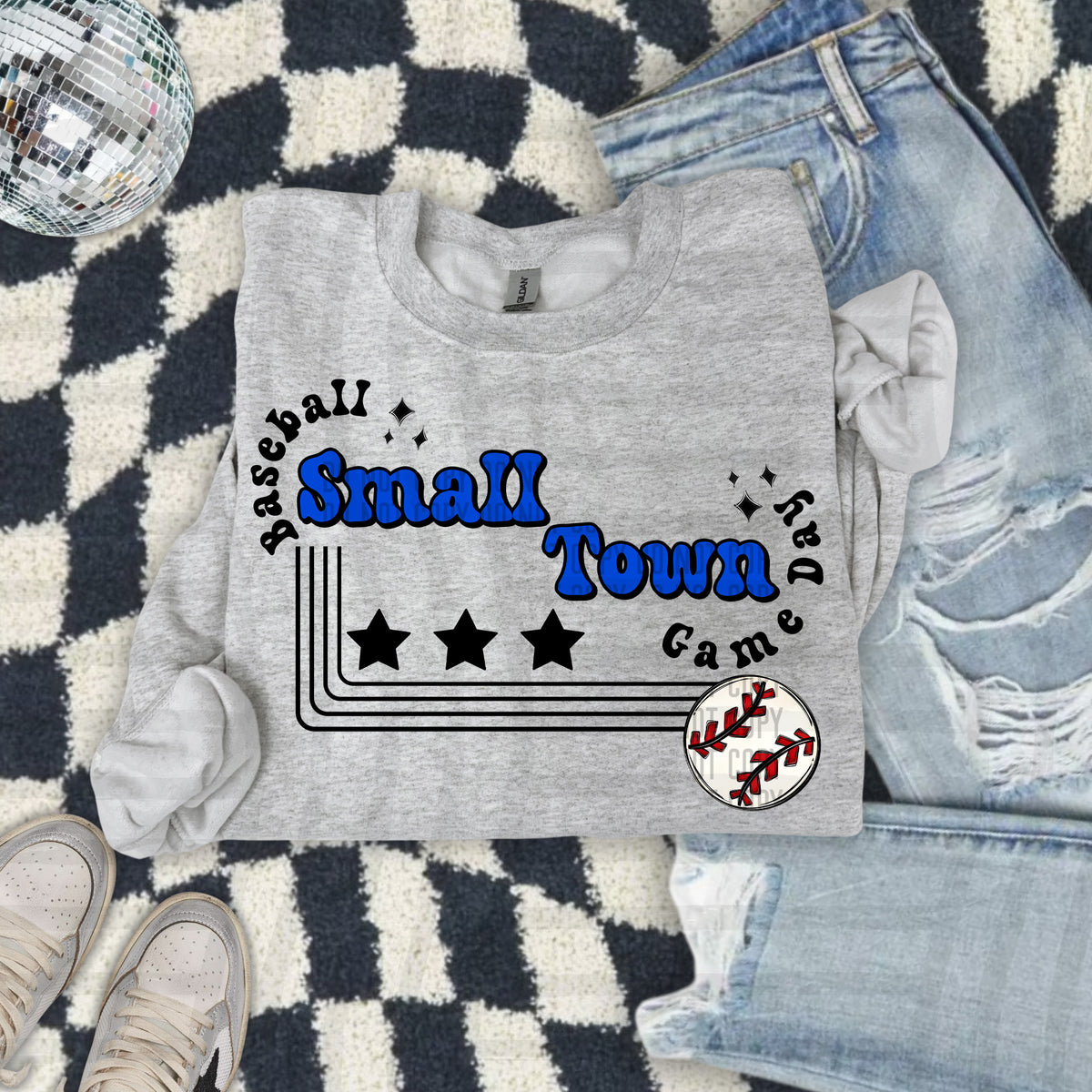 Small town baseball with stars BLUE (Caplinger) DTF Transfer