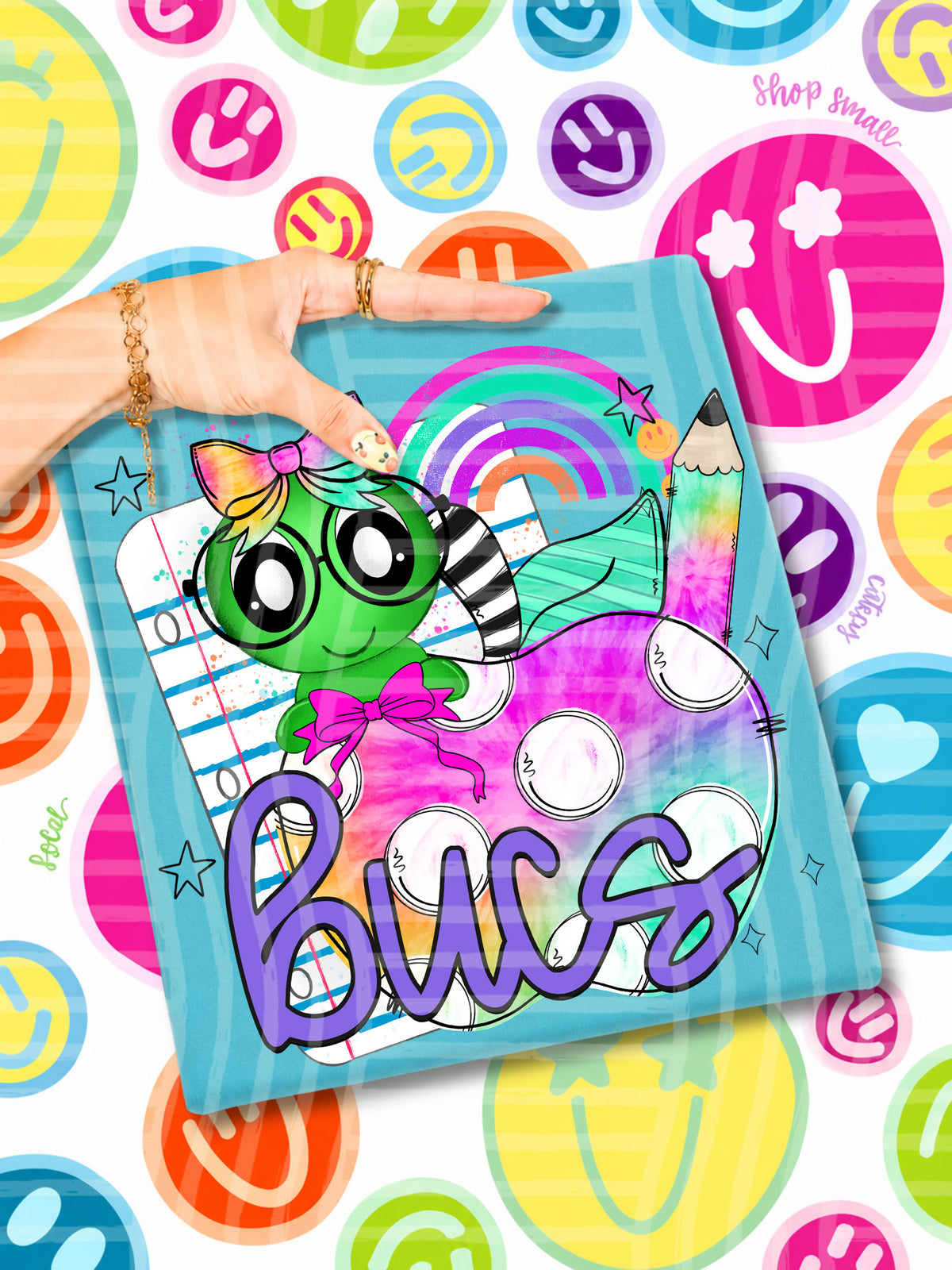 bucs tie dye apple with white dots & green bug (CAPLINGER) DTF Transfer