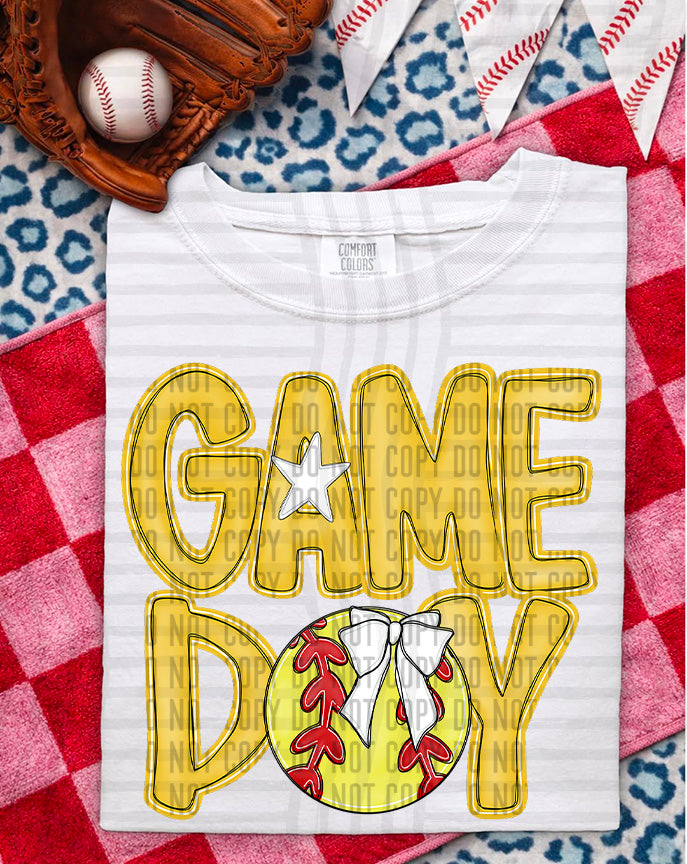 yellow game day baseball white bow (Caplinger) DTF Transfer