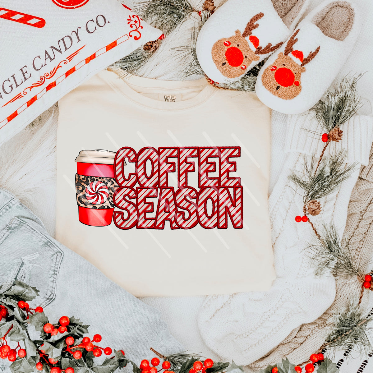 Coffee season red striped letters and hot coffee cup 111615 DTF transfer