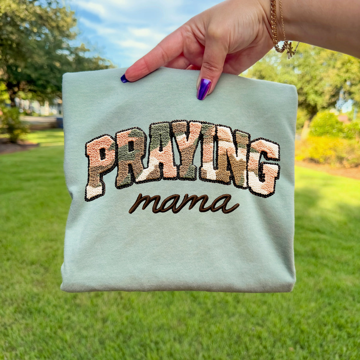 Praying Mama faux patch DTF transfer
