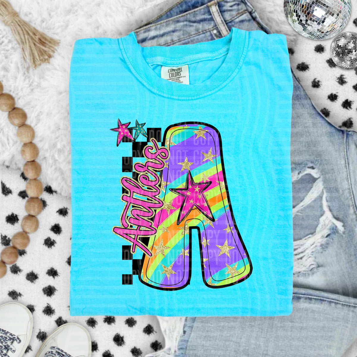 Antlers Colorful Retro Rainbow Letter A With Stars And Checker 108086 DTF transfer