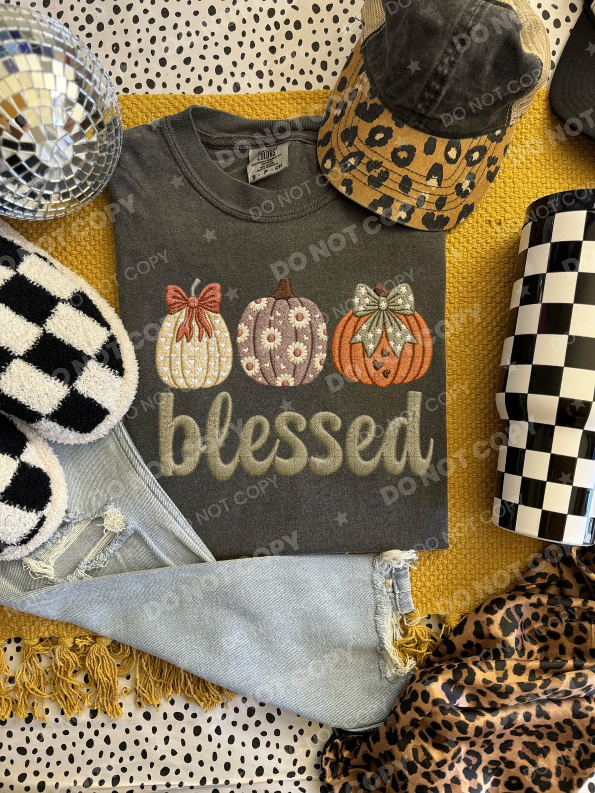 Blessed puff lettering green font trio pumpkins Tuesday Deal DTF