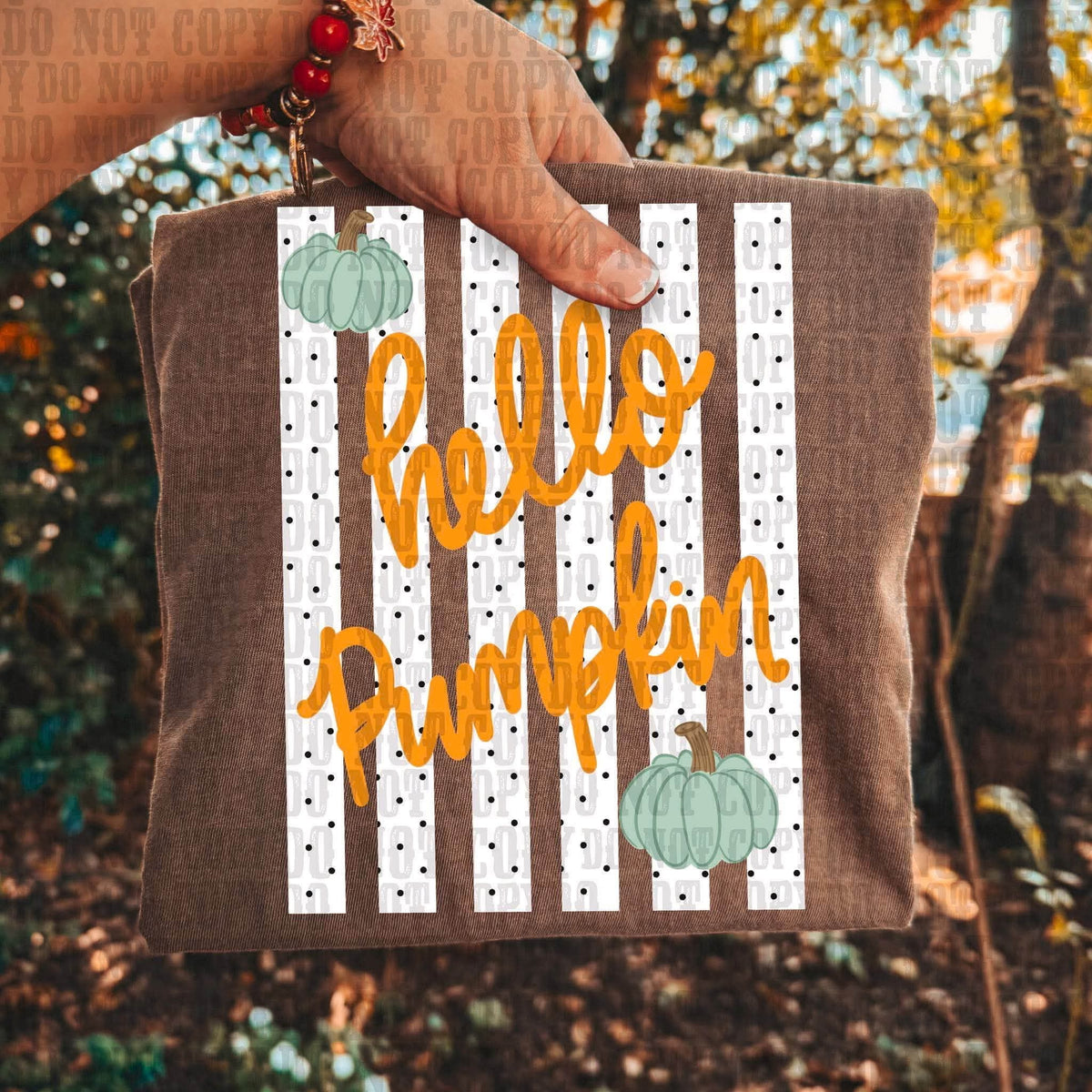 Hello pumpkin white polka dot stripe background green pumpkins SUNDAY SPECIAL DTF transfer