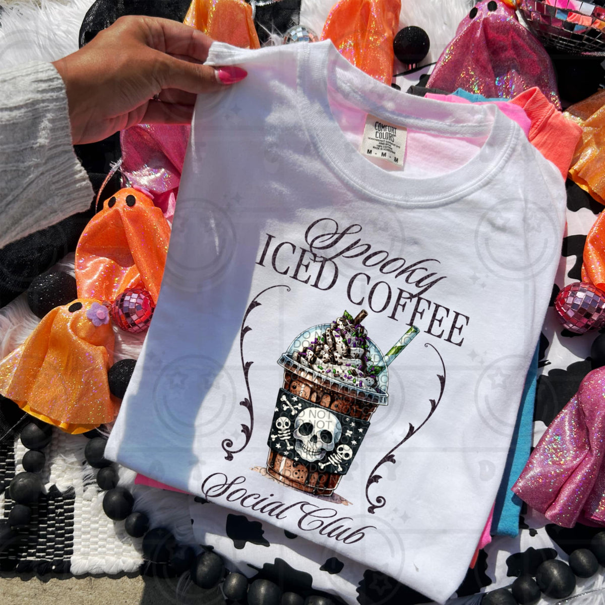 Spooky Iced Coffee Social Club with skulls DTF transfer