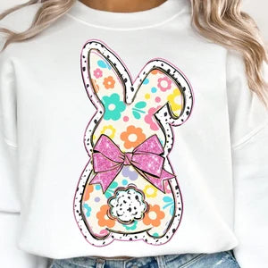 Floral bunny with pink bow 85728 DTF transfer