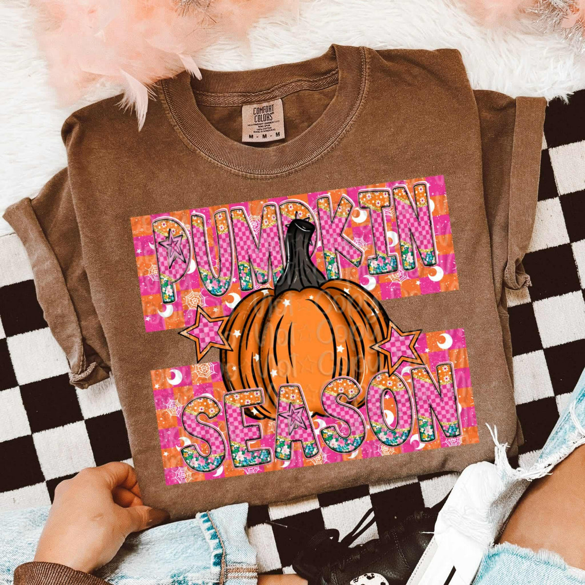Pumpkin Season pink and orange checkered (Virgo) DTF transfer