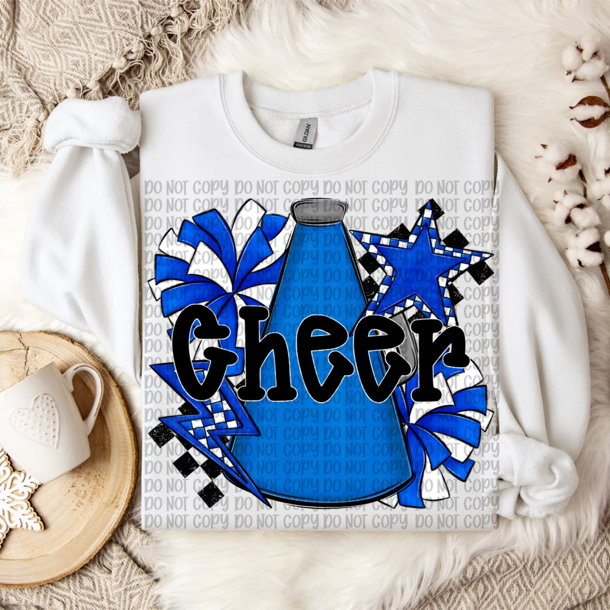 Cheer black words BLUE megaphone and pom poms VP DTF transfer