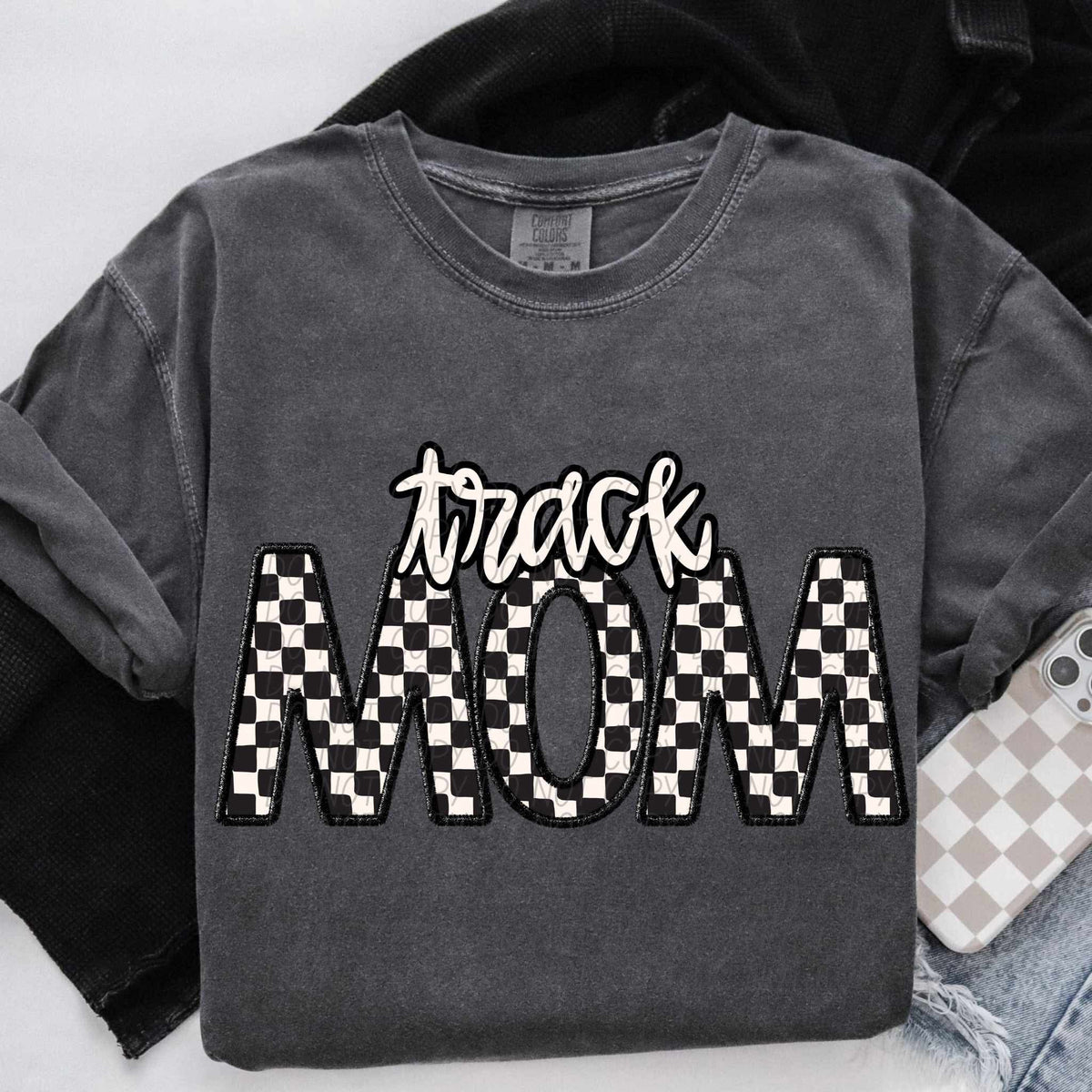 Track mom checkered city DTF transfer