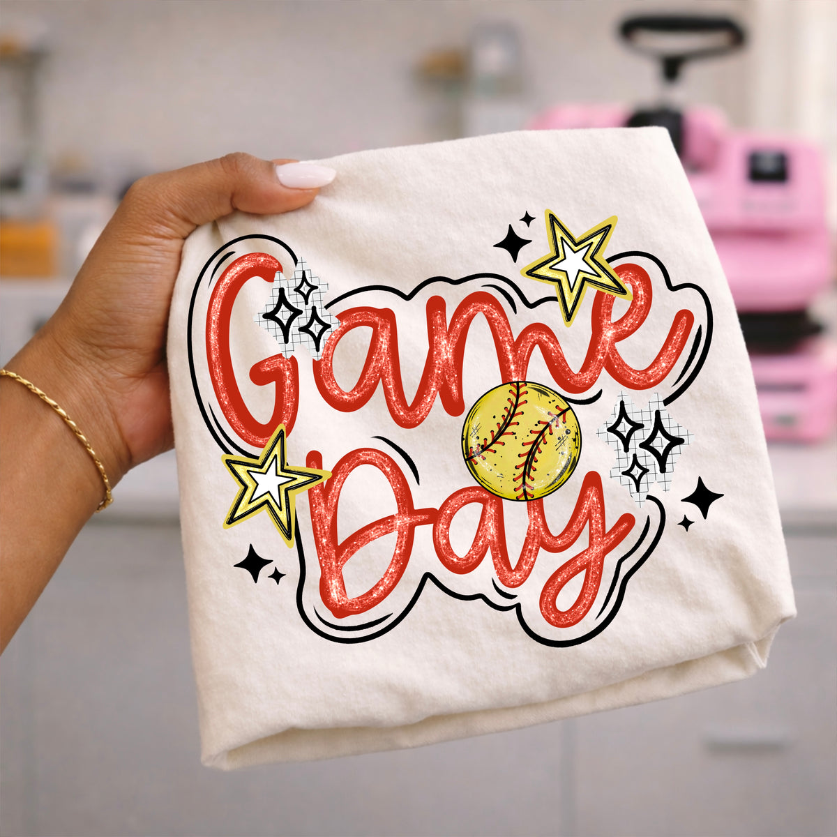 Game day cursive with softball (CSC) DTF transfer