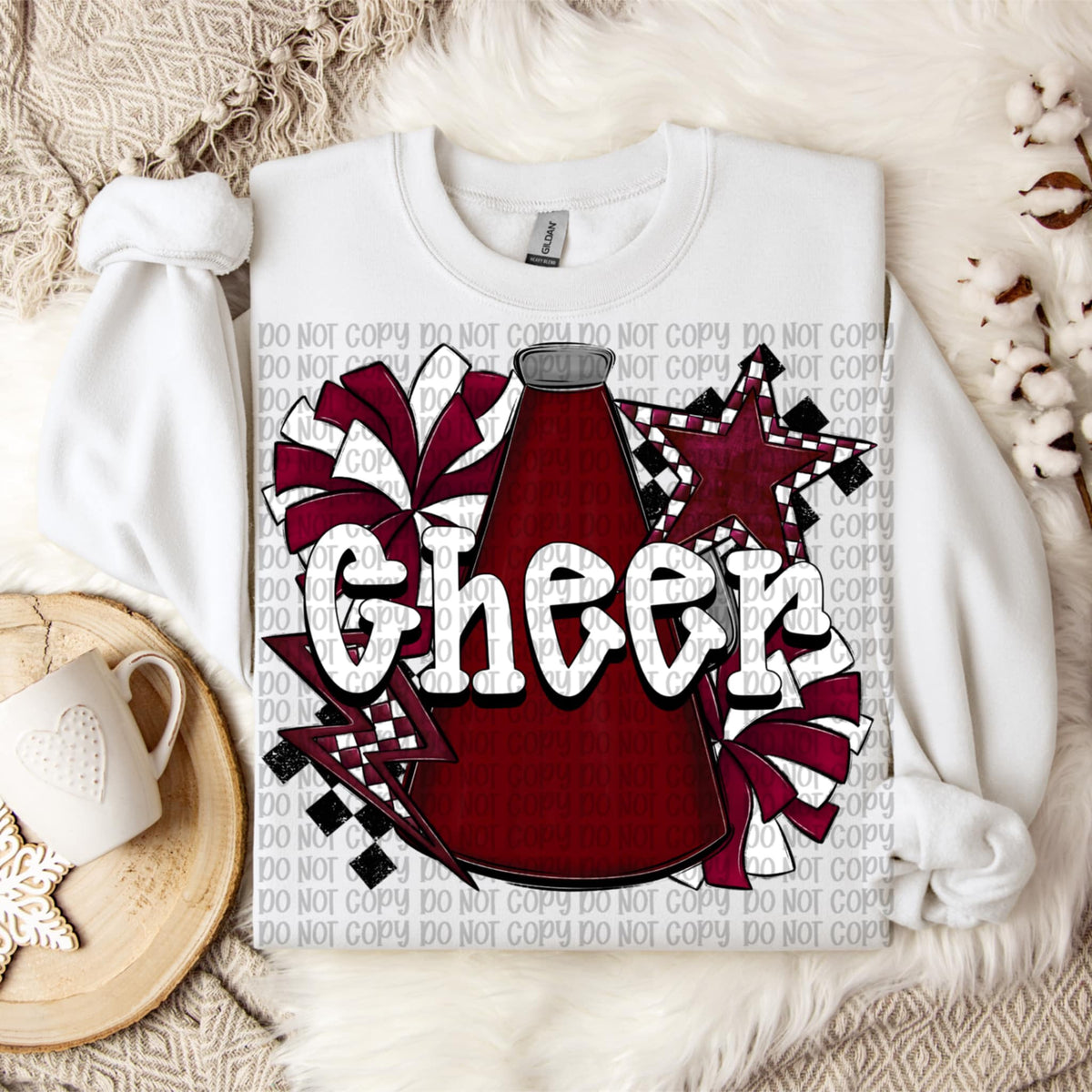 Cheer white words MAROON megaphone and pom poms VP DTF transfer